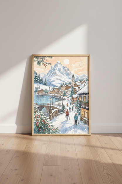 Winter Ski Village Wall Art | Watercolor Alpine Mountain Decor | Snowy Lake Poster