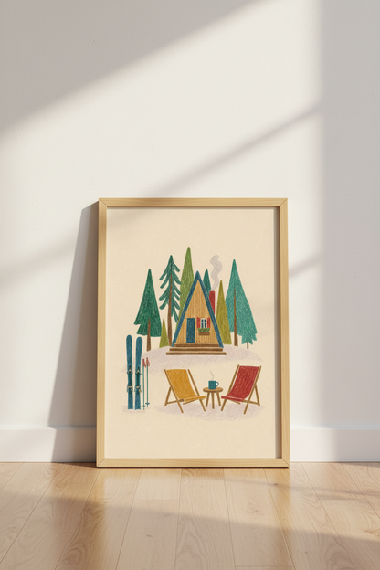 A-Frame Ski Cabin Wall Art | Winter Mountain Decor | Cozy Hygge Poster