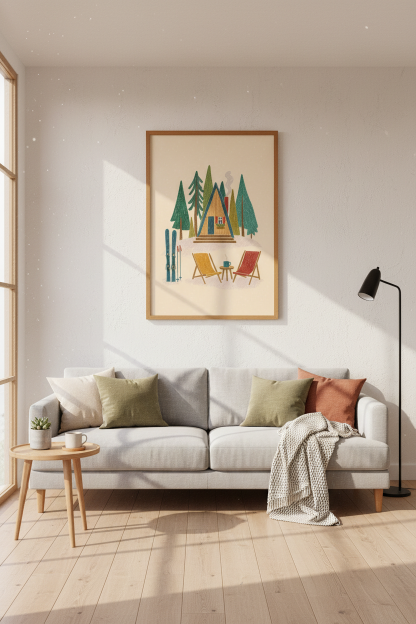 A-Frame Ski Cabin Wall Art | Winter Mountain Decor | Cozy Hygge Poster