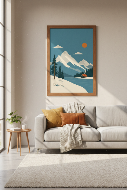 Mountain Landscape Wall Art | Minimalist Winter Cabin, Boho Living Room Decor