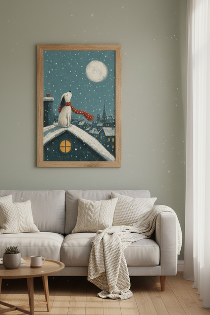 Winter Dog on Snowy Roof Wall Art | Nursery Decor | Whimsical Animal Poster