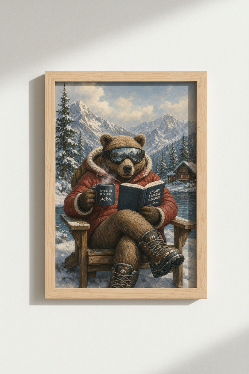 Ski Bear Wall Art Print | Mountain Cabin Decor | Winter Lodge Aesthetic Poster