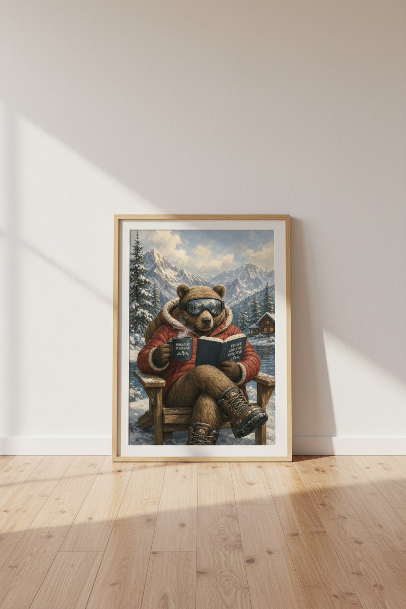Ski Bear Wall Art Print | Mountain Cabin Decor | Winter Lodge Aesthetic Poster