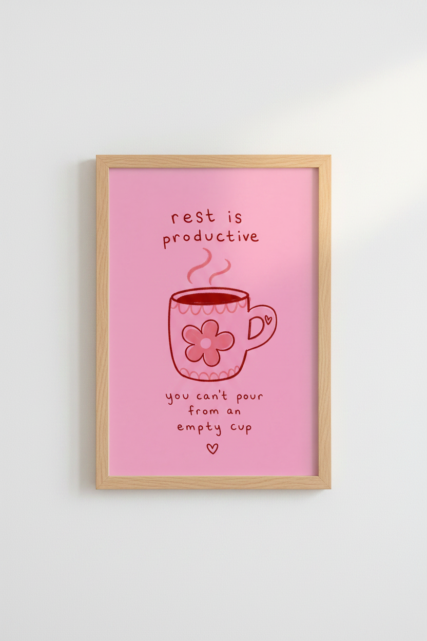 Rest is Productive Art Print | Pink Self Care Poster, Office &amp; Bedroom Decor