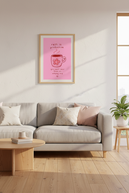 Rest is Productive Art Print | Pink Self Care Poster, Office &amp; Bedroom Decor
