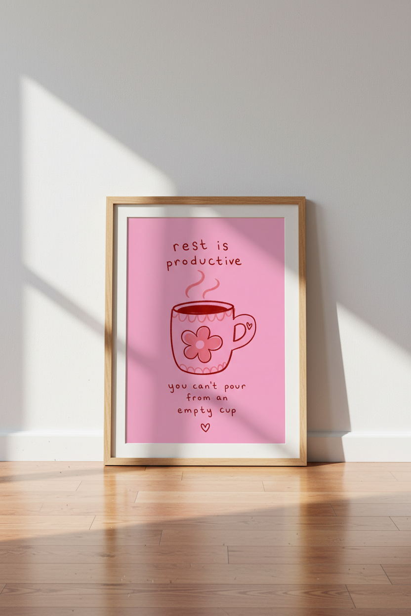 Rest is Productive Art Print | Pink Self Care Poster, Office &amp; Bedroom Decor