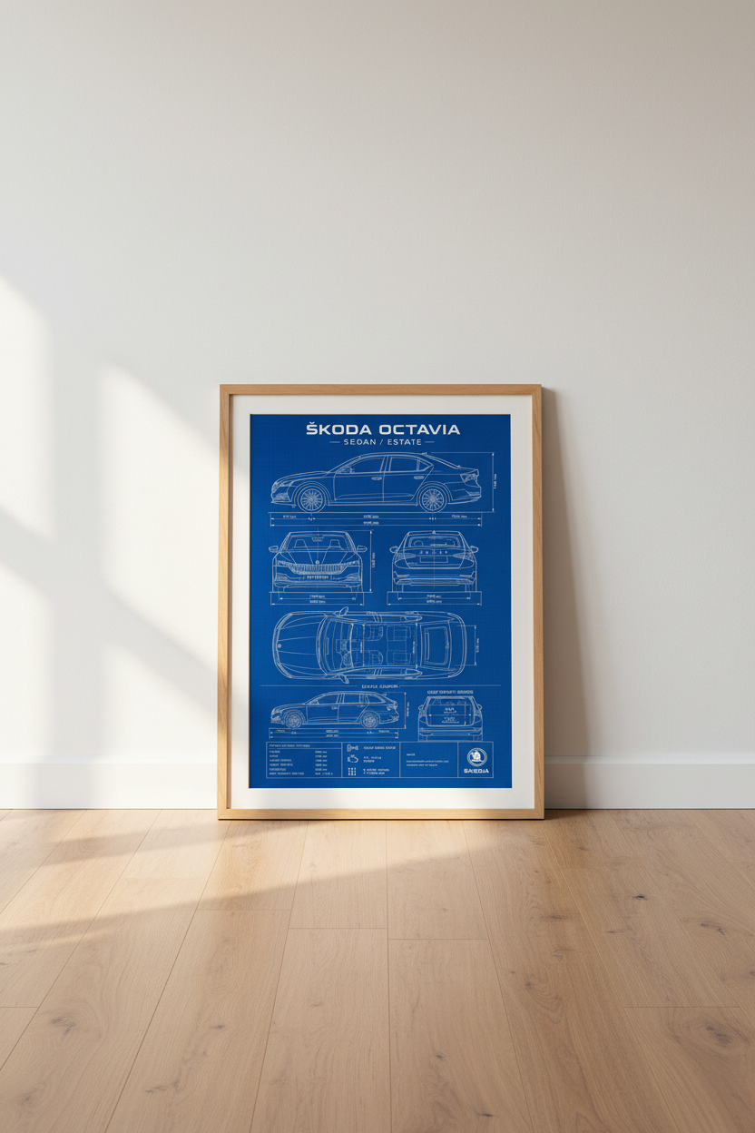 Skoda Octavia Blueprint Wall Art | Automotive Specs Poster, Garage Man Cave Decor
