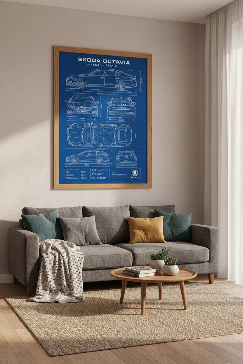 Skoda Octavia Blueprint Wall Art | Automotive Specs Poster, Garage Man Cave Decor