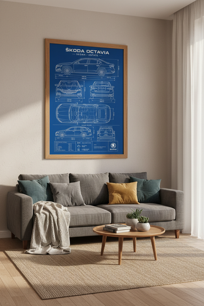 Skoda Octavia Blueprint Wall Art | Automotive Specs Poster, Garage Man Cave Decor
