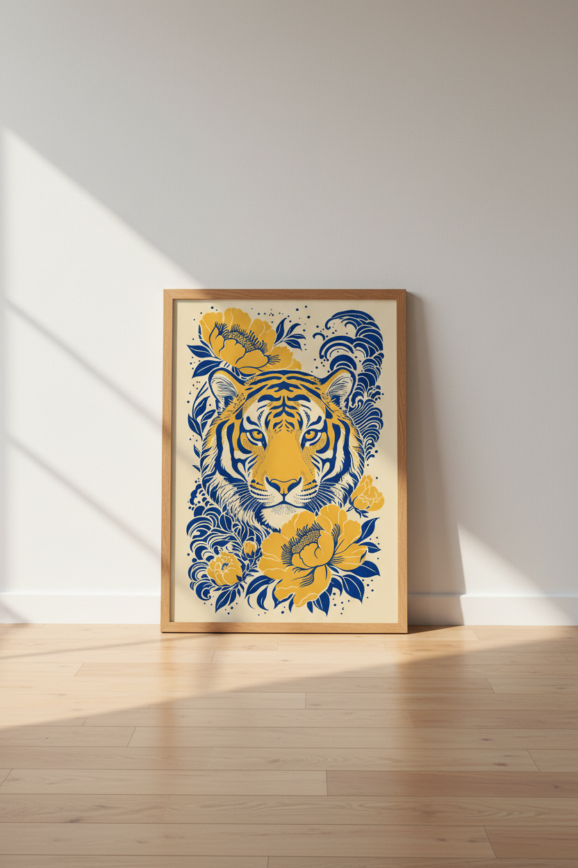 Japanese Tiger Floral Wall Art | Blue &amp; Gold Peony Poster, Minimalist Maximalist Decor