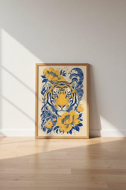 Japanese Tiger Floral Wall Art | Blue &amp; Gold Peony Poster, Minimalist Maximalist Decor
