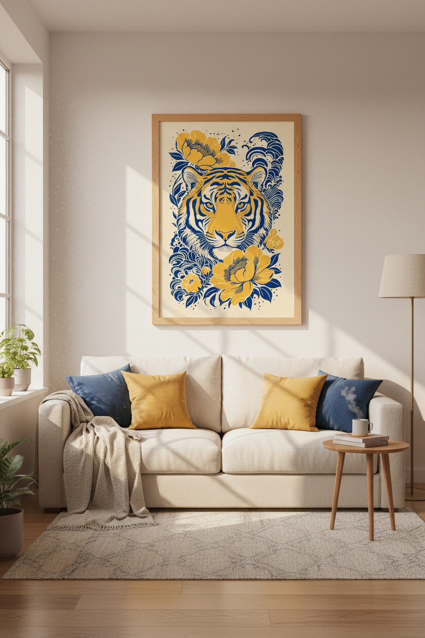 Japanese Tiger Floral Wall Art | Blue &amp; Gold Peony Poster, Minimalist Maximalist Decor