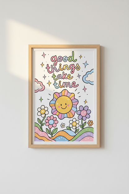 Good Things Take Time Wall Art | Pastel Retro Sun &amp; Flowers, Kids Nursery Decor Poster