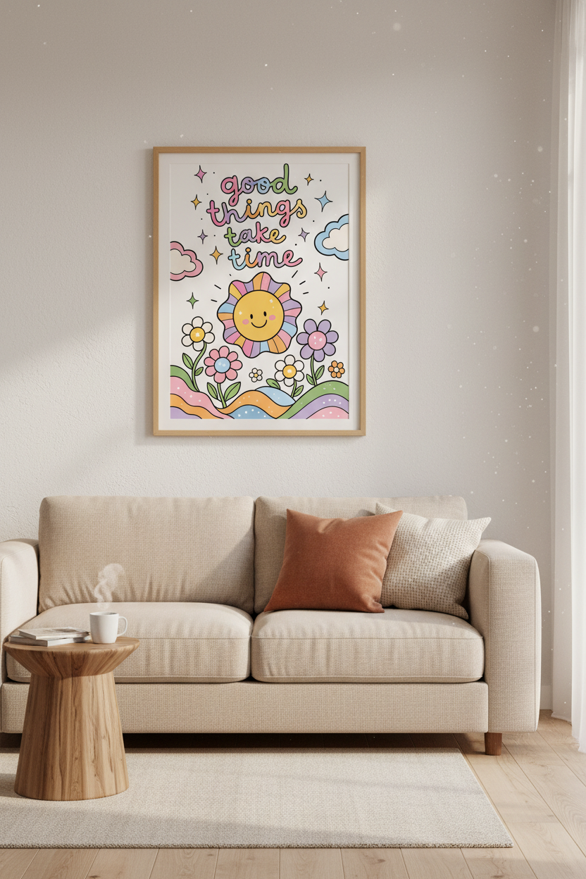 Good Things Take Time Wall Art | Pastel Retro Sun &amp; Flowers, Kids Nursery Decor Poster