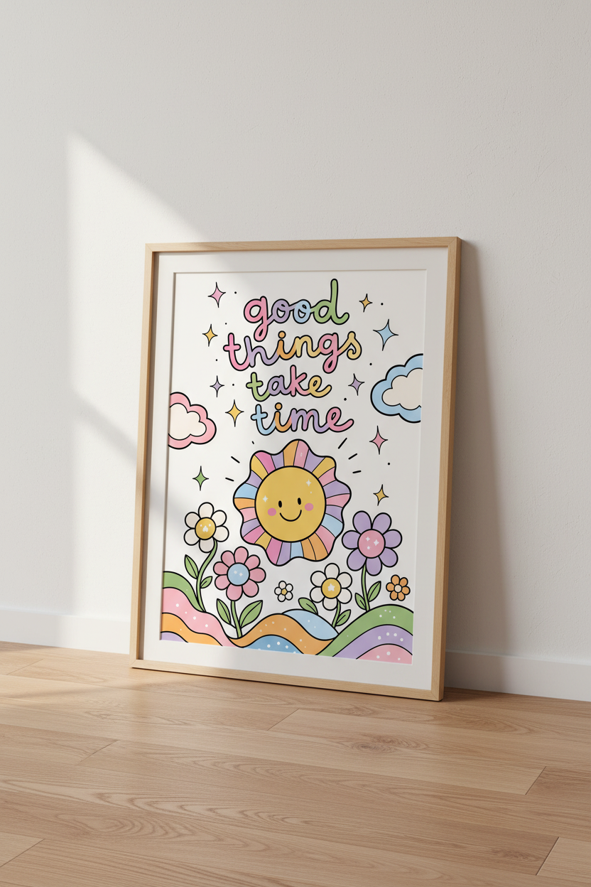 Good Things Take Time Wall Art | Pastel Retro Sun &amp; Flowers, Kids Nursery Decor Poster