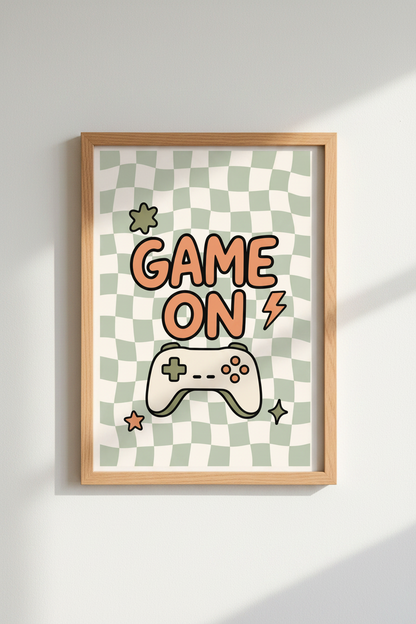 Retro Gaming Wall Art Print | Sage Green Checkered Decor | Aesthetic Gamer Poster