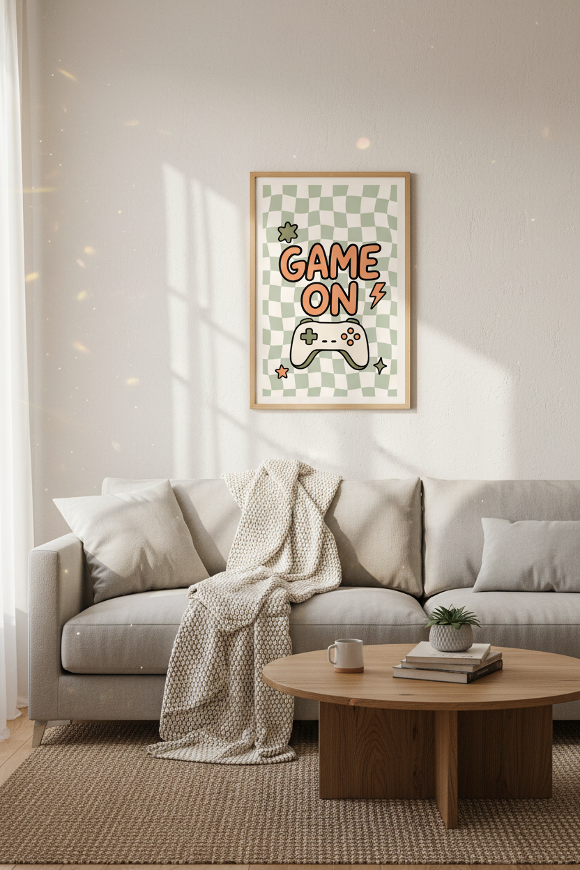 Retro Gaming Wall Art Print | Sage Green Checkered Decor | Aesthetic Gamer Poster