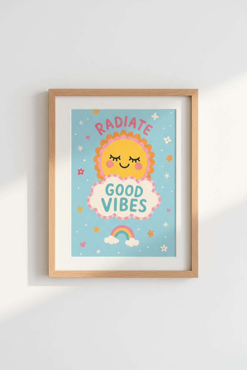 Retro Poster Print | Radiate Good Vibes Sun, Colorful Nursery &amp; Dorm Decor