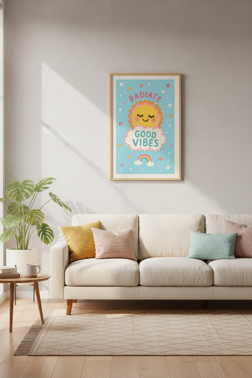 Retro Poster Print | Radiate Good Vibes Sun, Colorful Nursery &amp; Dorm Decor