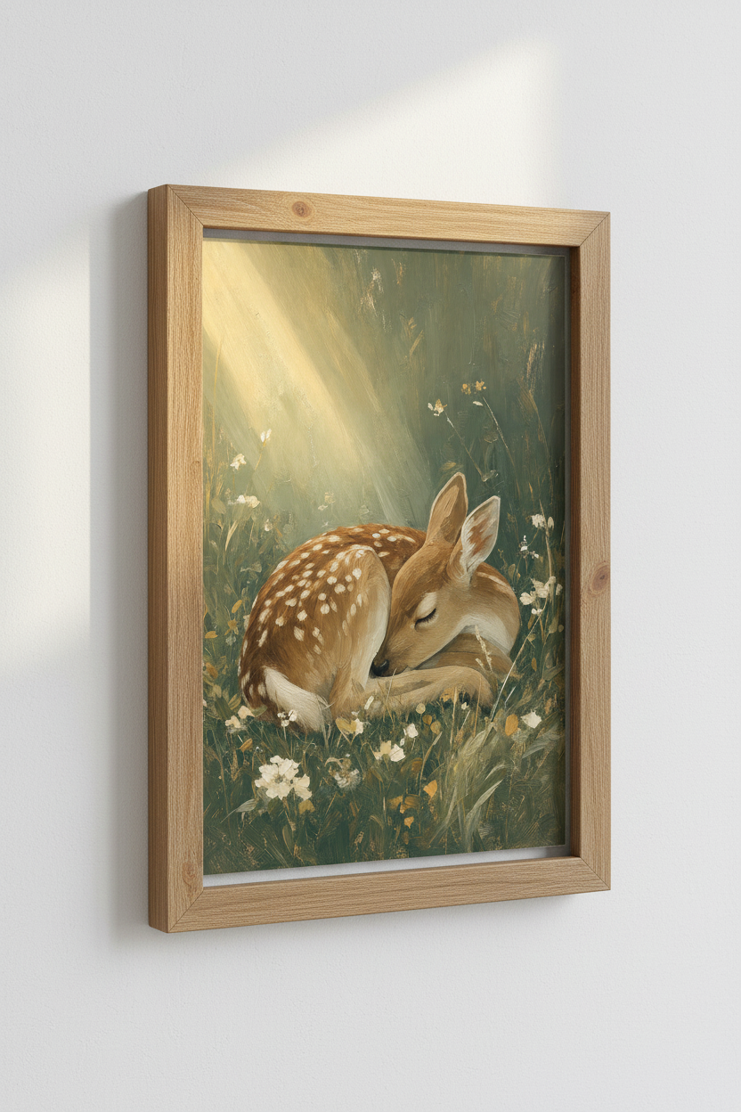 Sleeping Fawn Oil Painting | Woodland Nursery Decor | Nature Forest Wall Art Art