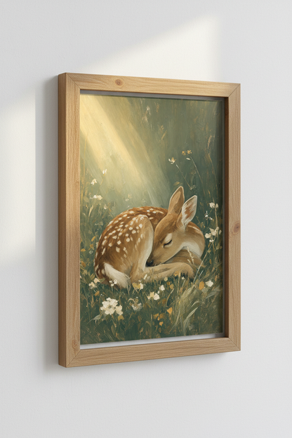 Sleeping Fawn Oil Painting | Woodland Nursery Decor | Nature Forest Wall Art Art