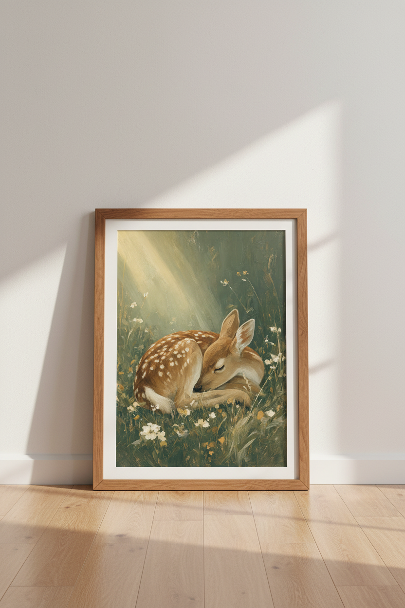 Sleeping Fawn Oil Painting | Woodland Nursery Decor | Nature Forest Wall Art Art
