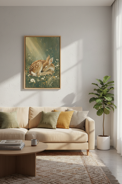 Sleeping Fawn Oil Painting | Woodland Nursery Decor | Nature Forest Wall Art Art