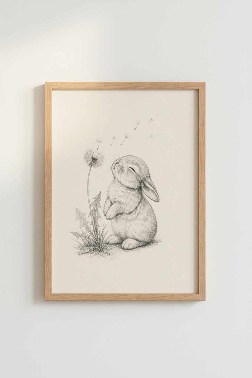 Bunny &amp; Dandelion Wall Art | Charcoal Sketch Nursery Decor | Woodland Poster