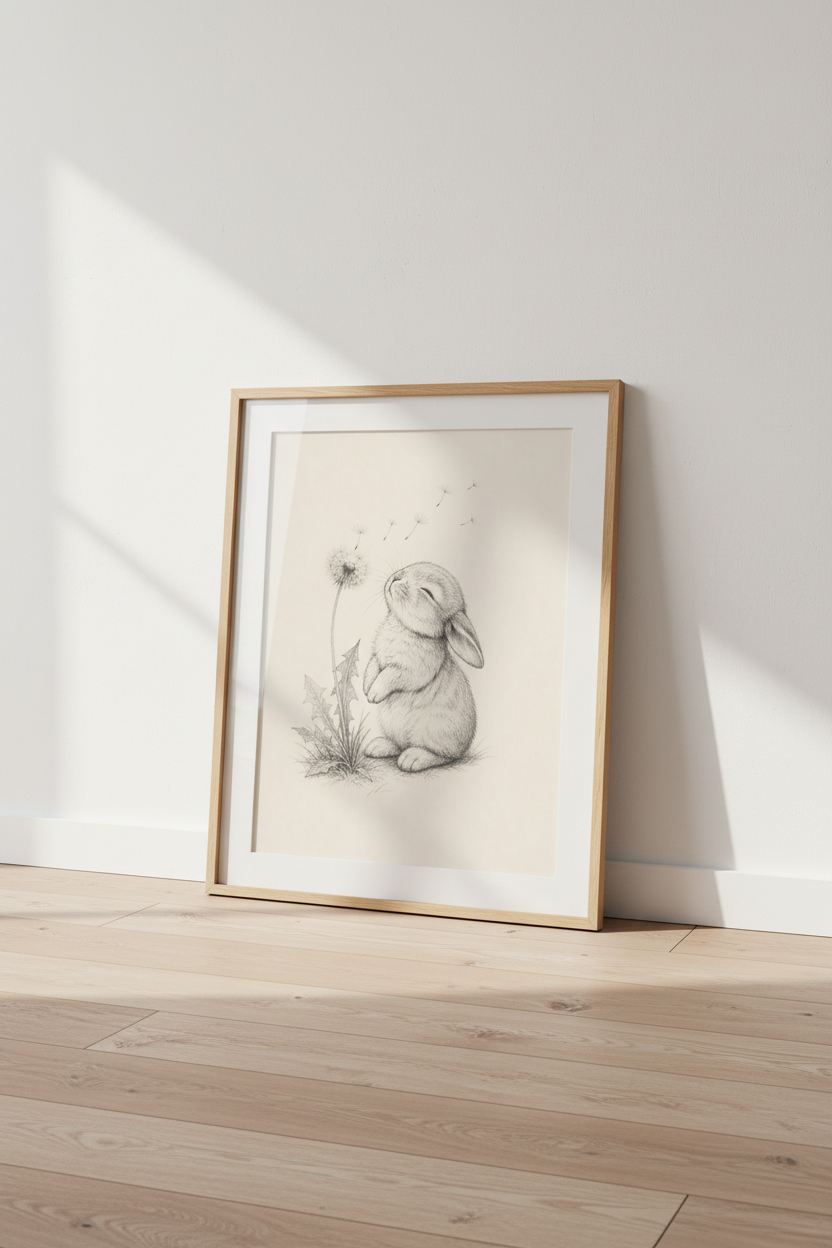 Bunny &amp; Dandelion Wall Art | Charcoal Sketch Nursery Decor | Woodland Poster