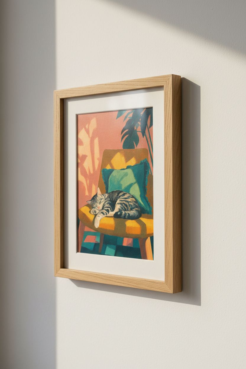Sleeping Cat Art Print | Vibrant Impressionist Tabby, Boho Living Room Decor Poster