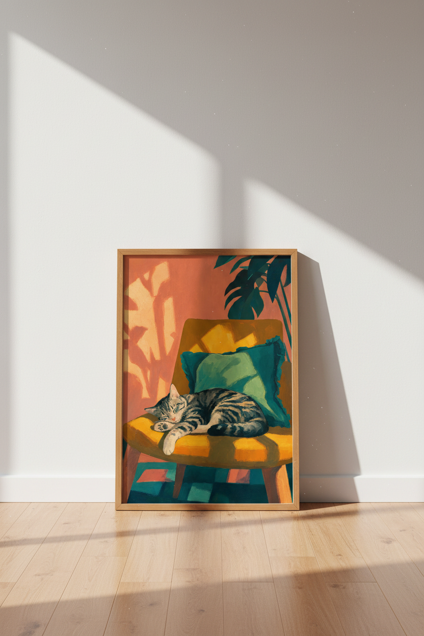 Sleeping Cat Art Print | Vibrant Impressionist Tabby, Boho Living Room Decor Poster
