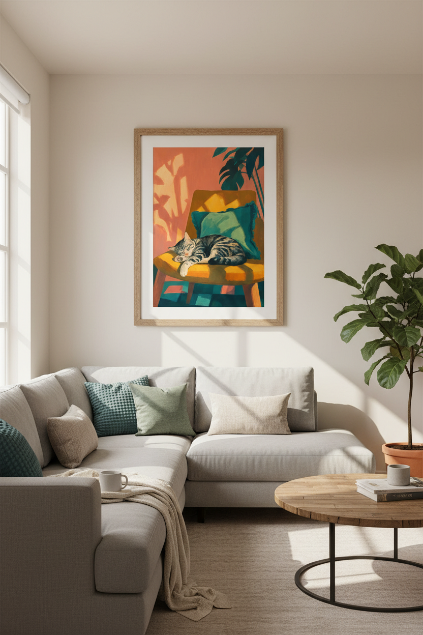 Sleeping Cat Art Print | Vibrant Impressionist Tabby, Boho Living Room Decor Poster