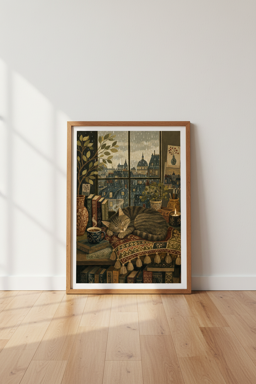 Cozy Tabby Cat &amp; Books Wall Art | Rainy City Dark Academia Decor | Moody Poster