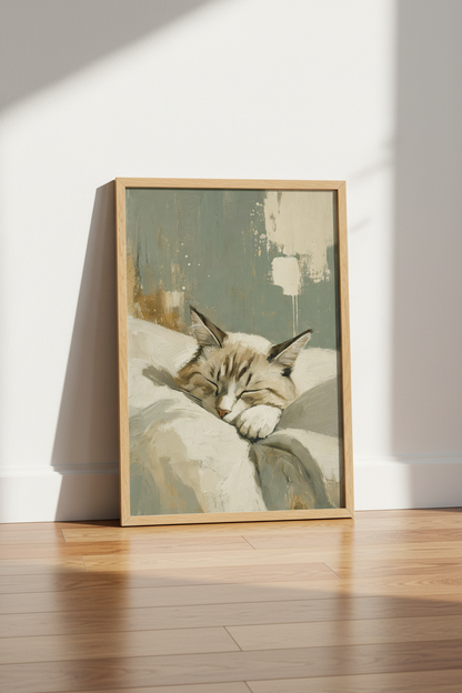 Sleeping Cat Impressionist Art Print | Sage Green Decor | Textured Feline Poster