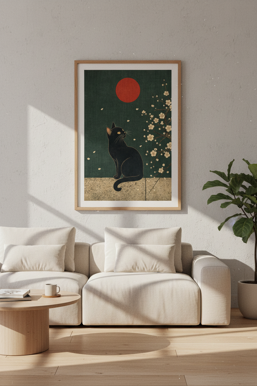 Black Cat Japanese Wall Art Print | Zen Bedroom Decor | Moody Ukiyo-e Aesthetic Poster