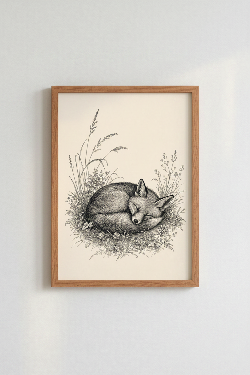 Sleeping Fox Ink Illustration | Woodland Meadow Sketch, Nursery Living Room Decor