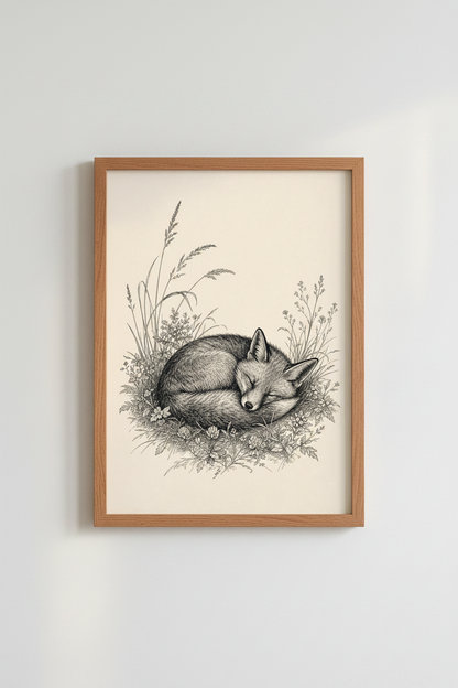 Sleeping Fox Ink Illustration | Woodland Meadow Sketch, Nursery Living Room Decor