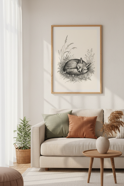 Sleeping Fox Ink Illustration | Woodland Meadow Sketch, Nursery Living Room Decor