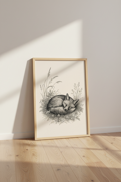 Sleeping Fox Ink Illustration | Woodland Meadow Sketch, Nursery Living Room Decor