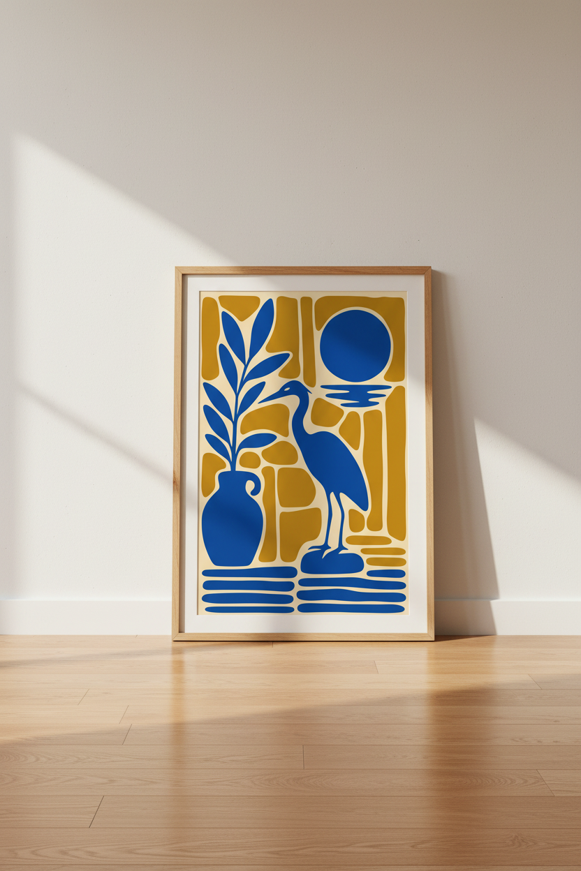 Abstract Heron Wall Art | Blue and Gold Matisse Style Print, Modern Coastal Decor
