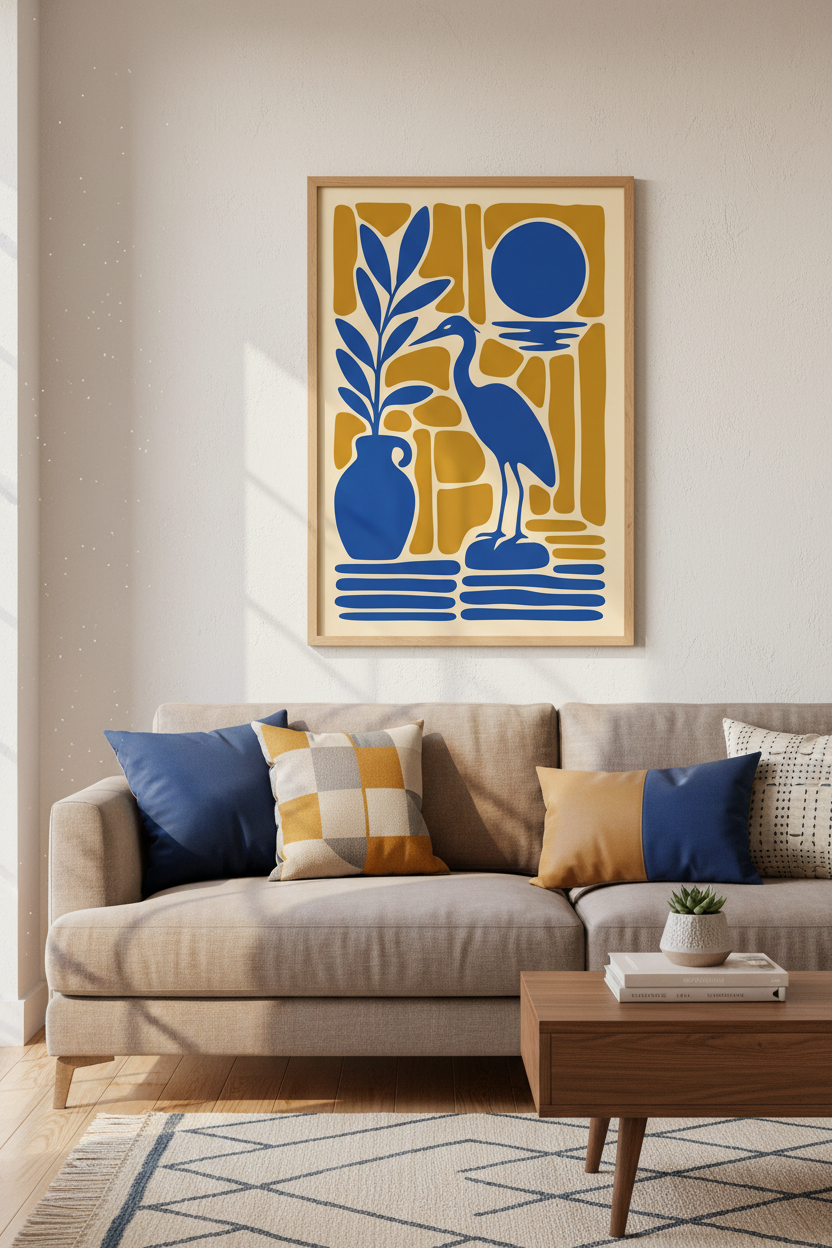 Abstract Heron Wall Art | Blue and Gold Matisse Style Print, Modern Coastal Decor