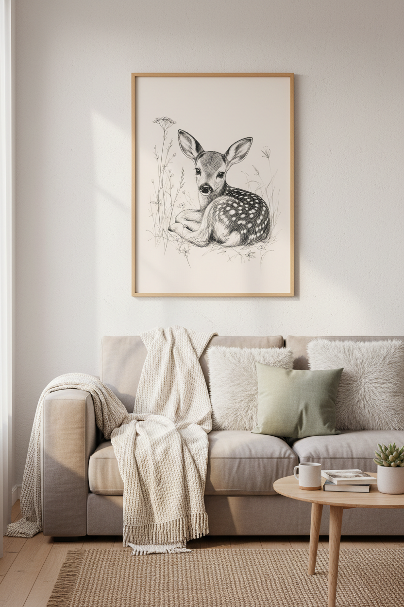 Baby Deer Sketch Wall Art | Woodland Fawn Ink Poster | Nursery Nature Decor