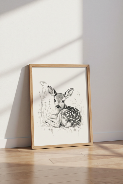 Baby Deer Sketch Wall Art | Woodland Fawn Ink Poster | Nursery Nature Decor