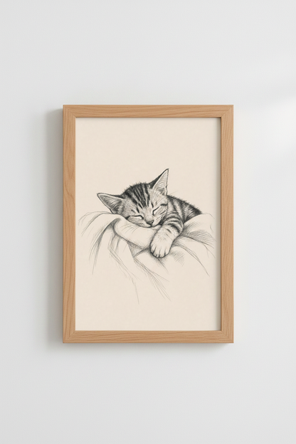 Sleeping Kitten Pencil Sketch Art | Neutral Nursery Decor | Minimalist Poster