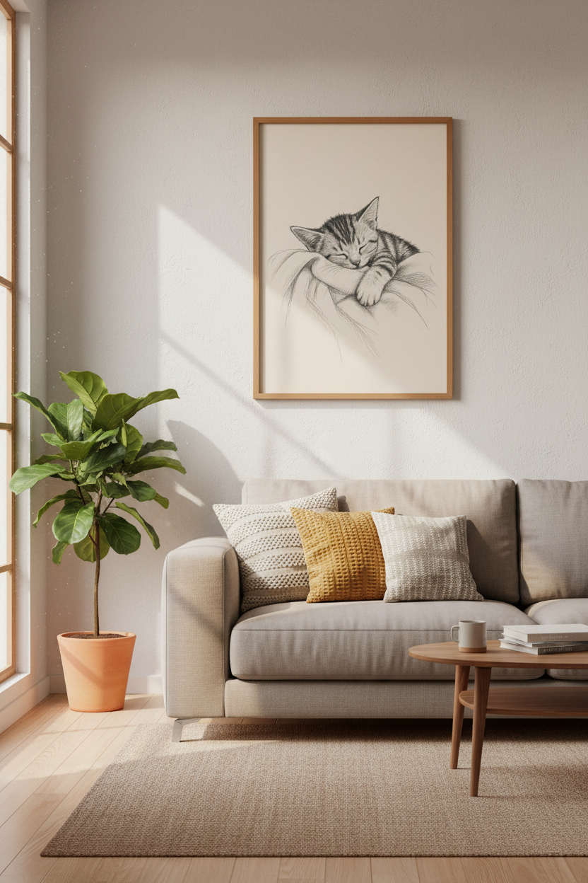 Sleeping Kitten Pencil Sketch Art | Neutral Nursery Decor | Minimalist Poster
