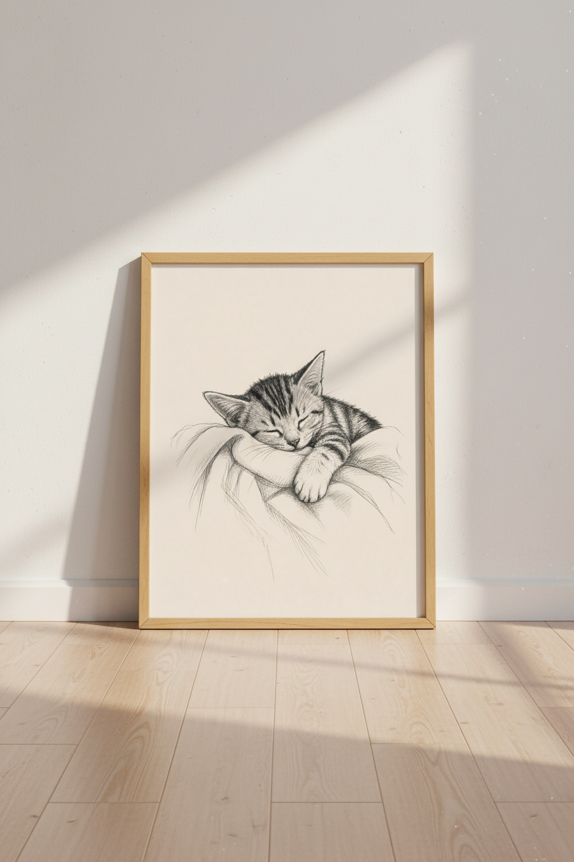 Sleeping Kitten Pencil Sketch Art | Neutral Nursery Decor | Minimalist Poster