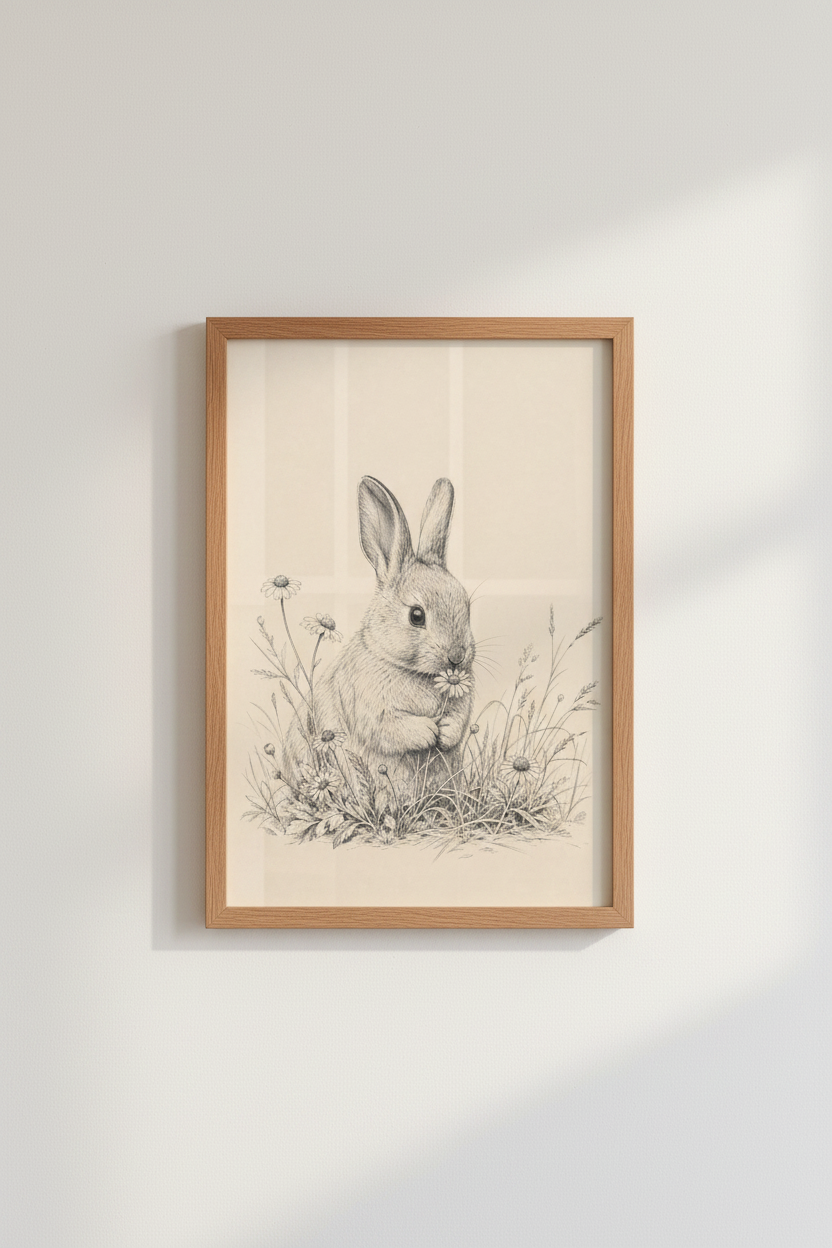Rabbit Sketch Wall Art | Vintage Bunny Pencil Drawing, Nursery &amp; Cottagecore Decor