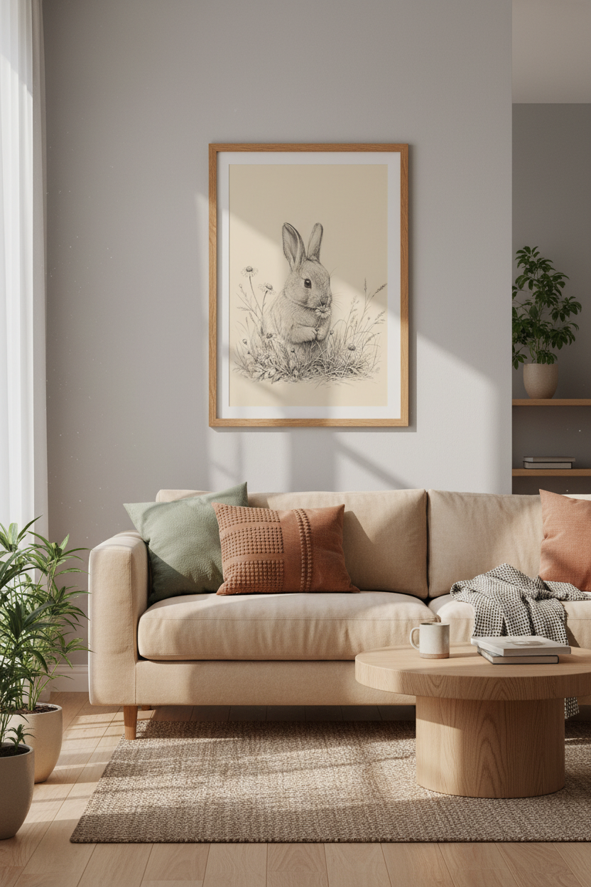 Rabbit Sketch Wall Art | Vintage Bunny Pencil Drawing, Nursery &amp; Cottagecore Decor
