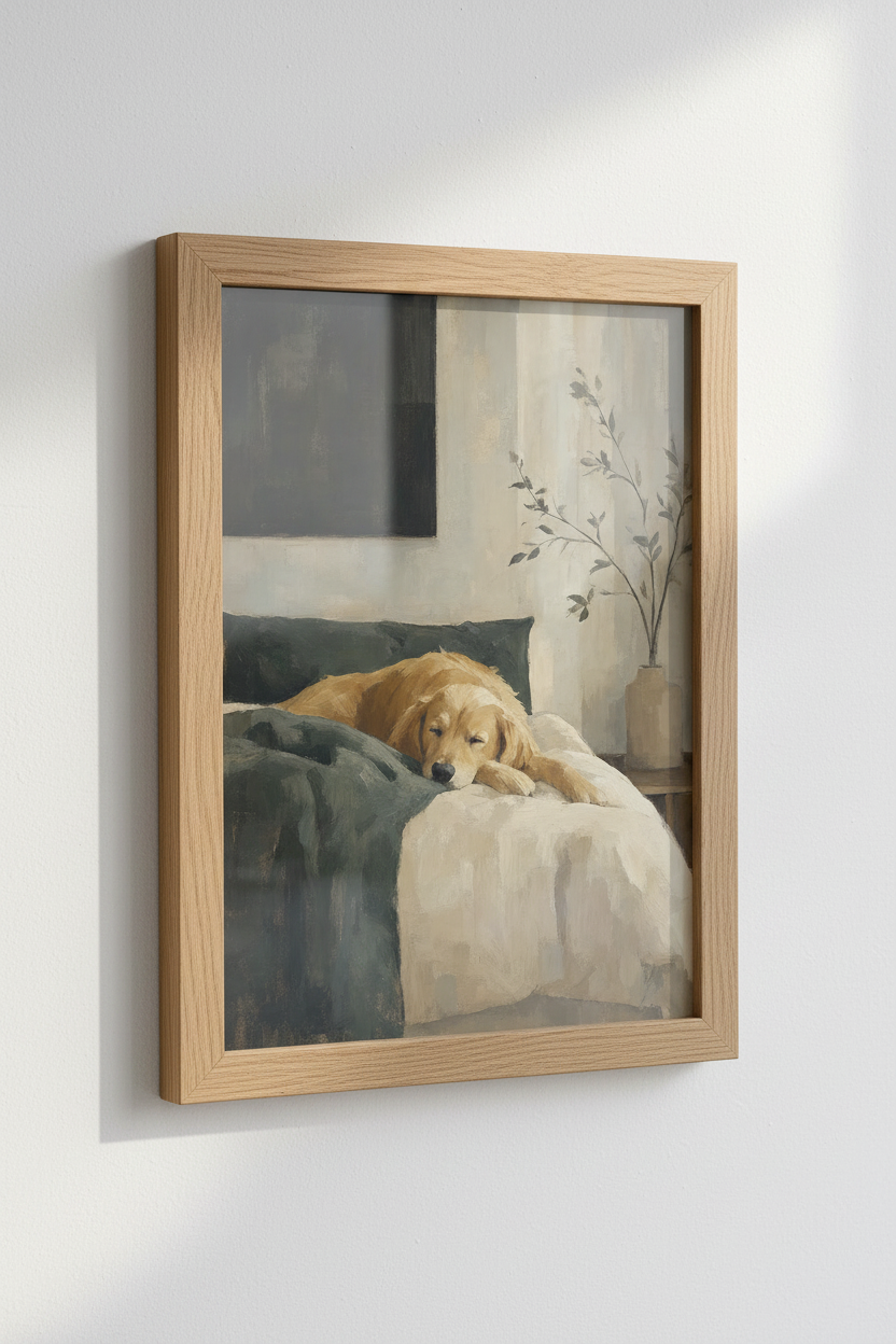 Golden Retriever Sleeping | Oil Painting Style Print, Bedroom Decor Dog Poster