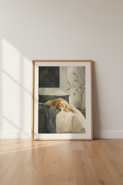 Golden Retriever Sleeping | Oil Painting Style Print, Bedroom Decor Dog Poster